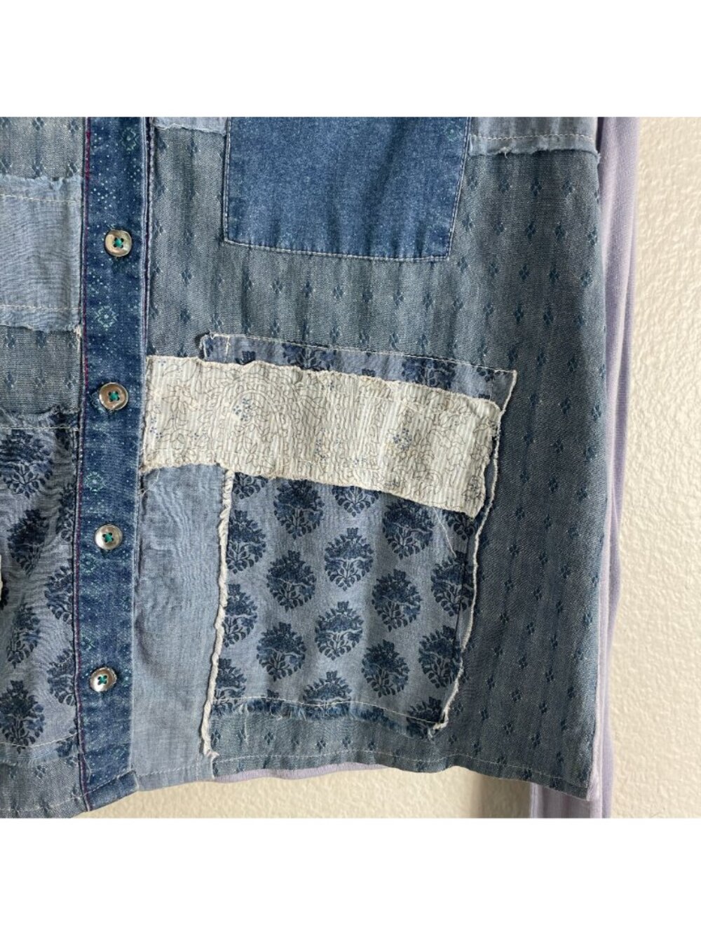 SUNDANCE Womens Medium Patchwork Denim Button Up Shirt Roll‎ Tab Sleeve Top - Picture 7 of 10